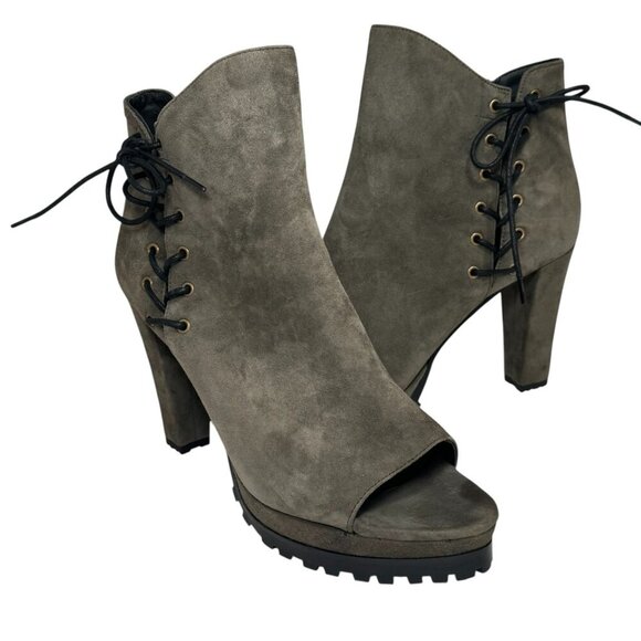 AllSaints Womens Boots Green/gray Olive Suede Micaela Peep Toe Ankle size 10 - Picture 2 of 7